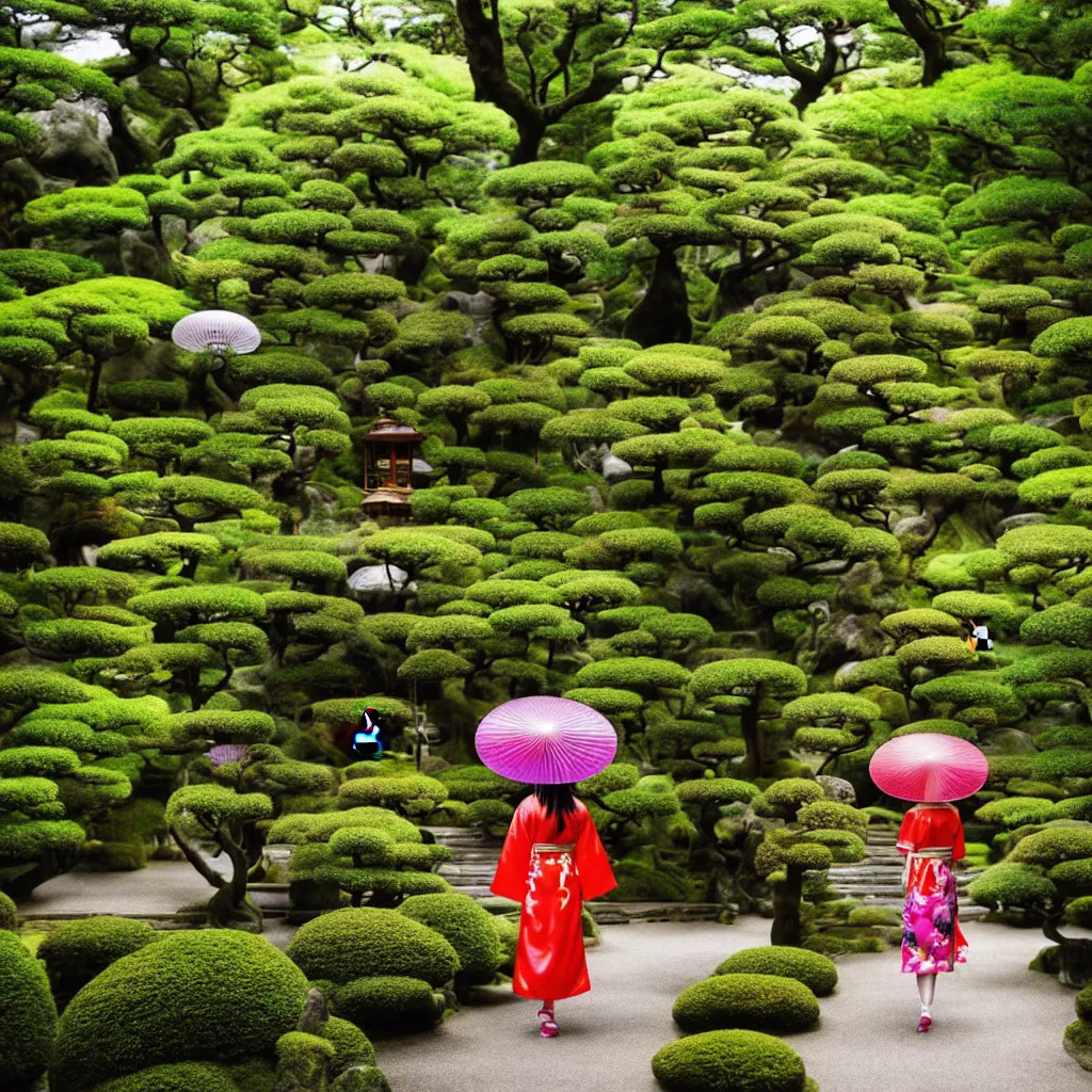 Prompt: A wide photo of a magical lush Japanese temple garden, tiny glowing temples, hazy, with mystical hidden temple doors, dreamy feeling, glowing colorful lanterns, 1 girl wearing a Gucci dress and umbrella exploring, mystical feeling, designed by Gucci, Wes Anderson, and Petra Collins, 8k