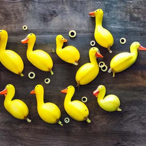 Prompt: professional photograph of banana ducks, peeled bananas with googly eyes and duck beaks