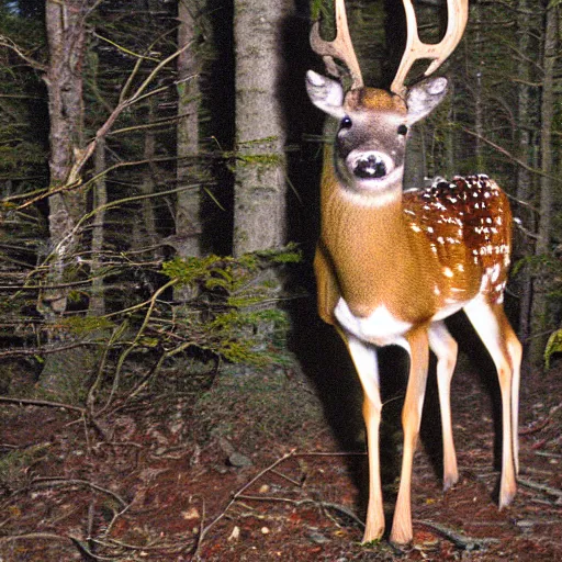 Prompt: camera footage of a deformed deer in forest, old photo, night n - 9