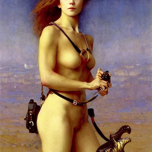 Image similar to epic masterpiece full body portrait a beautiful woman with a small dinosaur as a pet on a leash, by Edgar Maxence and Ross Tran and Michael Whelan