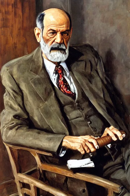 Image similar to portrait of sigmund freud, holding cigar, by frank mccarthy, detailed, impressive, freudian