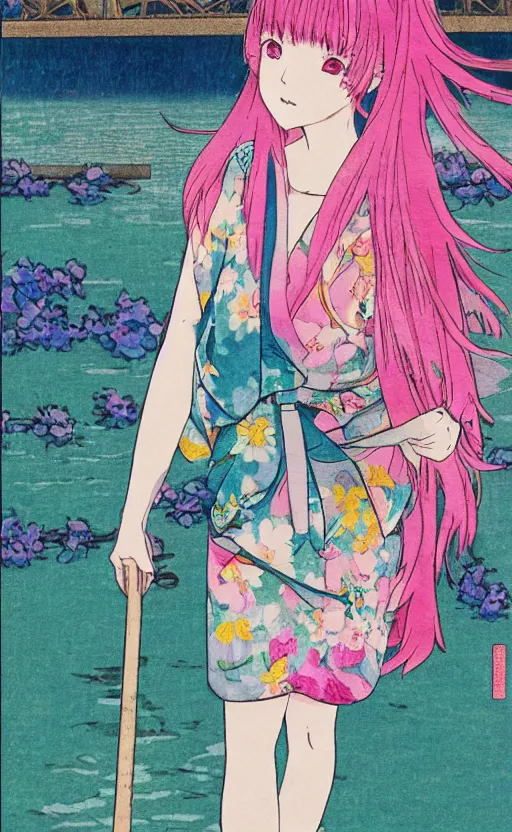 Prompt: by akio watanabe, manga art, a pink hair girl walking on wooden lake bridge and iris flowers, trading card front, kimono, realistic anatomy