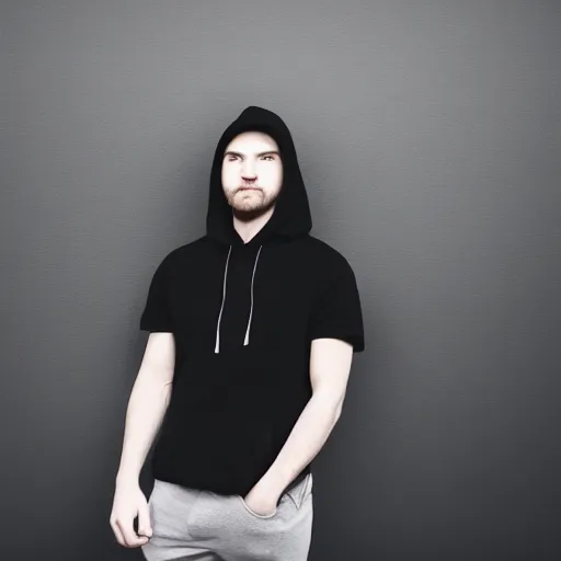 Image similar to a guy in a black hoodie in front of a plain white background, black and white