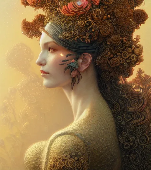 Image similar to a beautiful detailed front view portrait of a woman with ornate growing around, ornamentation, flowers, elegant, beautifully soft lit, golden ratio, full frame, by wayne barlowe, peter mohrbacher, kelly mckernan,