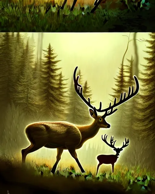 Image similar to a large potato shooting a deer with a rifle in the woods with sun high above and cloudy, ultra realistic, concept art, intricate details, highly detailed