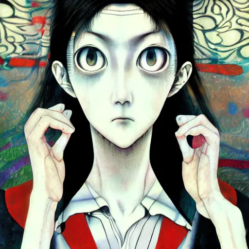 Image similar to yoshitaka amano blurred and dreamy realistic illustration of a woman with black eyes and white hair wearing dress suit with tie, junji ito abstract patterns in the background, satoshi kon anime, noisy film grain effect, highly detailed, renaissance oil painting, weird portrait angle, blurred lost edges, three quarter view