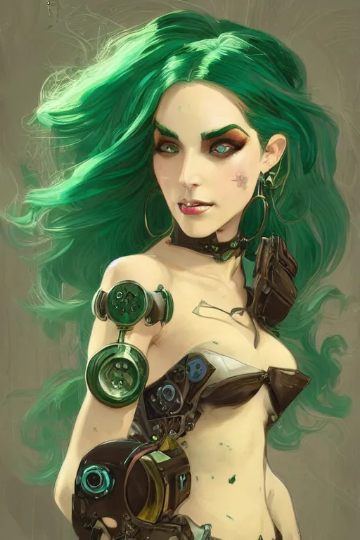 Prompt: beautiful woman with green hair as steampunk partial - cyborg, western gunslinger, smooth, sharp focus, illustration, highly detailed, digital painting, artstation, concept art, by disney animation, rossdraws, alphonse mucha, frank fanzzeta, collectible card art