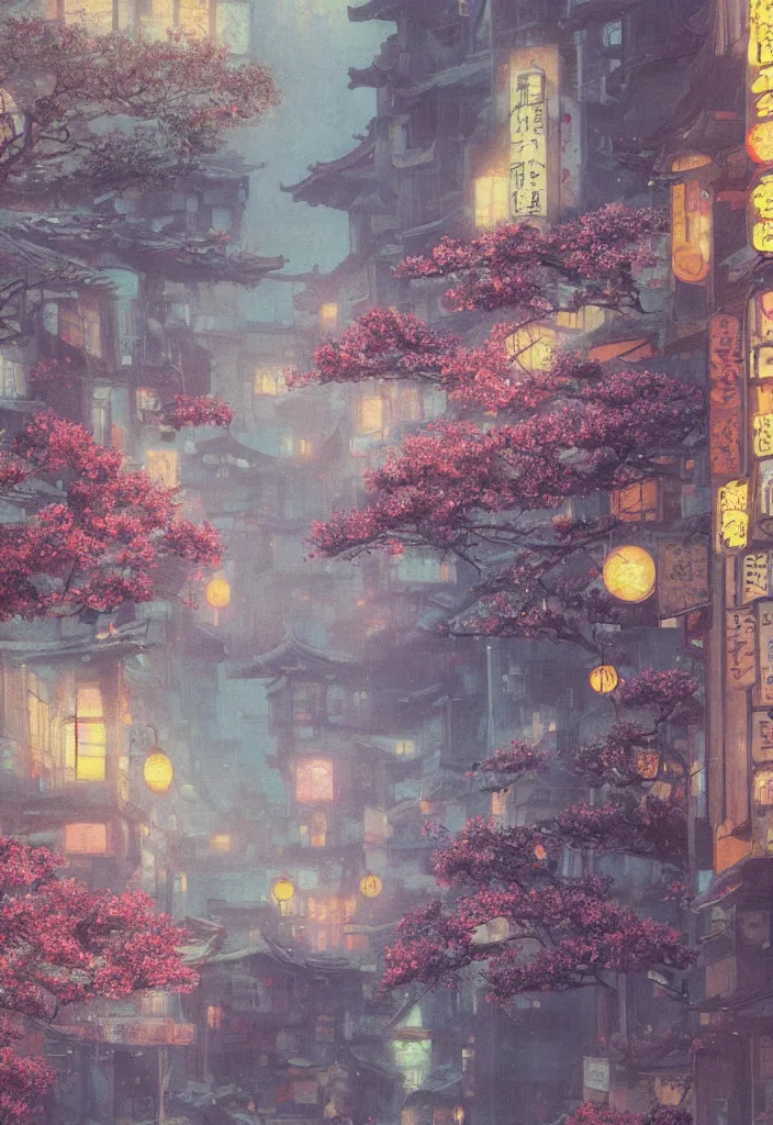 Prompt: a beautiful japanese city in the mountain, amazing ryokans and gorgeous edo era houses, fantastic non human character, epic cyberpunk, lofi vibe, colorful, vivide colors, amazing light, light beams with dust, really mesmerizing nature, by jeremy lipkin, by claude monet, by makoto shinkai, kandinsky touches, inspired by ghibli, masterpiece, beautiful