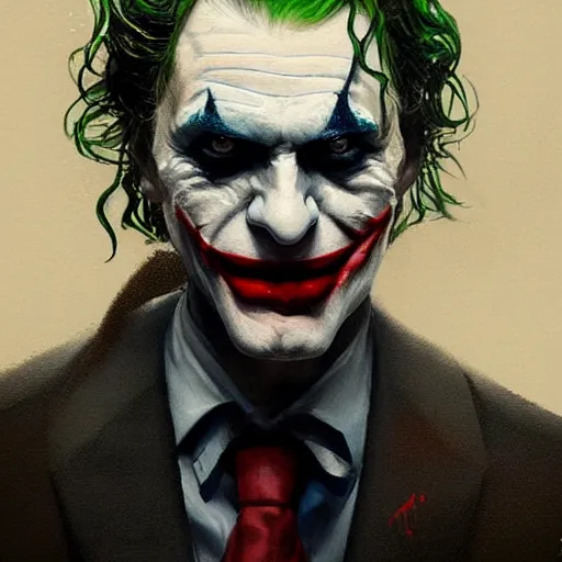 Image similar to very detailed masterpiece painting of the joker, portrait, artstation, concept art by greg rutkowski