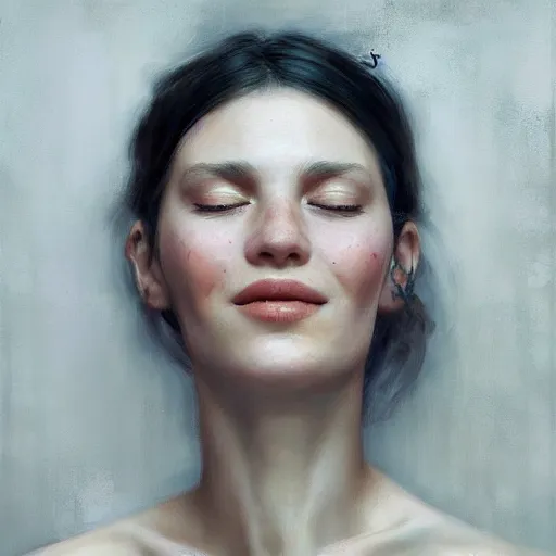 Prompt: a mouth a bit open, two eyes half closed and half a smile on her soul makes a beautiful portrait on the wall. by Alina Ivanchenko, Ruan Jia and Mandy Jurgens