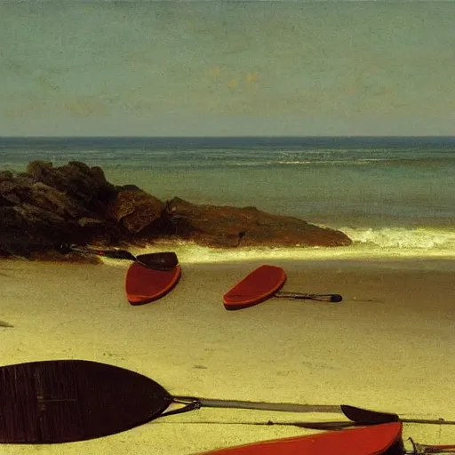 Image similar to An oil painting of lost kayak paddles on a New England beach, by Albert Bierstadt, 1858.