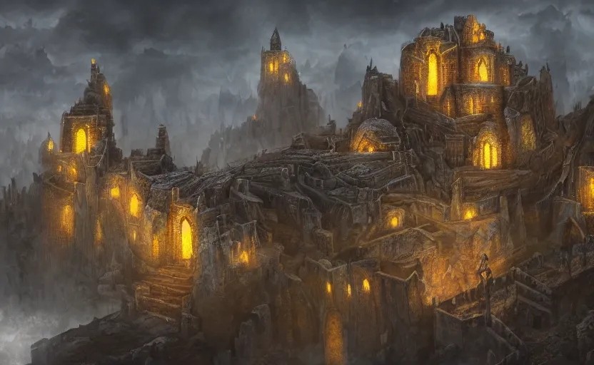 Image similar to an arcane fortress, magical and powerful, stone brick, laced with gold, landscape art, mindblowing, concept art, matte, illustration, ominous, magical, dnd, 4 k uhd, very detailed