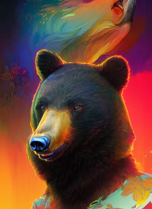 Image similar to portrait of anthropomorphic asian black bear, colorful, highly detailed, digital painting, artstation, concept art, smooth, sharp focus, illustration, art by artgerm and greg rutkowski and alphonse mucha