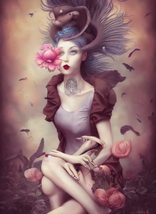 Image similar to pop surrealism, lowbrow art, realistic cute seductive girl painting, japanese street fashion, hyper realism, muted colours, rococo, natalie shau, loreta lux, tom bagshaw, trevor brown style,