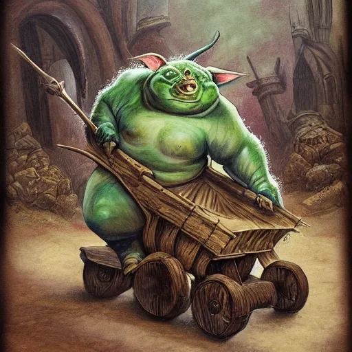 Image similar to painting of corpulent goblin riding in a slapdash wooden cart holding a lance, fantasy art, magic : the gathering art, by diterlizzi