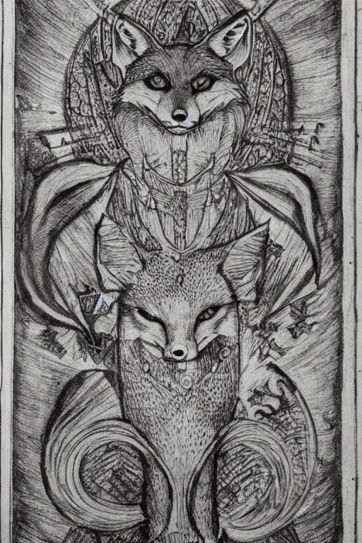 Image similar to realistic medieval etching of the fox of chaos, high detail, elaborate composition, quality draughtmanship, detailed faces. by austin osman spare, occult art, alchemical diagram