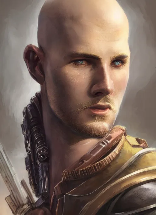 Image similar to buzzcut hair stubble male gunslinger shooter, dndbeyond, bright, realistic, dnd character portrait, full body, art by ralph horsley, dnd, rpg, lotr game design fanart by concept art, behance hd, artstation, deviantart, global illumination radiating a glowing aura global illumination ray tracing hdr render in unreal engine 5