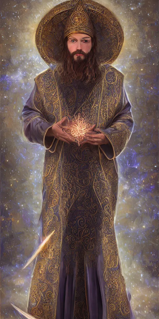 Prompt: adult wizard wearing a byzantine hat and a robe with star and moon pattern, handsome face, focus eyes, hyperrealistic, large star crystals, symmetry, ultra realistic soft painting, full body, fantasy, intricate, elegant, highly detailed, digital painting, artstation, concept art, matte, illustration, 8 k