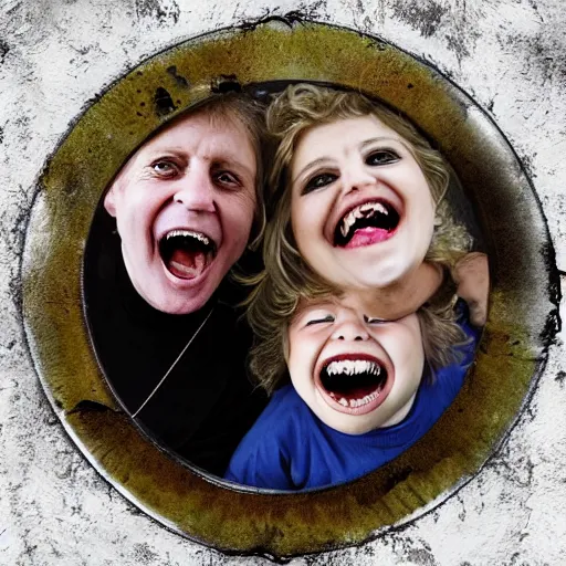 Image similar to family portrait studio of ugly family big rond eyes bad rotten teeth and smile, horrible scary family laughter by Chris Cunningham, mountain landscape background,, very detailed, grainy image