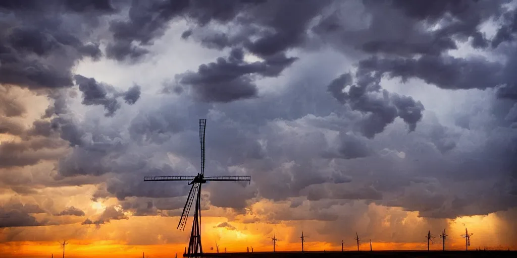 Image similar to photo of a stormy west texas sunset, perfect windmill, lightning, golden hour, high quality, beautiful!!!