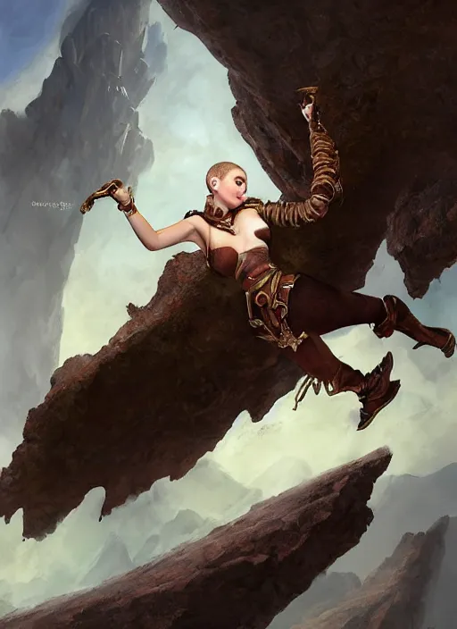 Image similar to queen Russian Sorcerous, short brown hair, pixie cut, mischievous, flying over a pit, flying over a chasm, flying, Ivan Aivakovsky, Boris Vallejo, epic fantasy character art, D&D Concept Art, full length, Realistic, Regal, Refined, Detailed Digital Art, Oil Paining, Exquisite detail, post-processing, masterpiece, Cinematic Lighting, Unreal Engine, 8k, HD, Stanley Artgerm Lau, WLOP, Rossdraws, Frank Frazetta, Andrei Riabovitchev, Marc Simonetti, trending on artstation, artbreeder, flawless