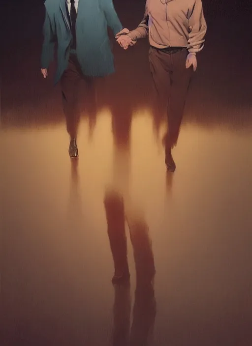 Prompt: Twin Peaks poster medium close up of Mads Mikkelsen!!! and Hugh Dancy holding hands romantically as they chaperone school dance by ((Zdzislaw Beksinski)), Michael Whelan, Bob Larkin and Tomer Hanuka, simple illustration, domestic, nostalgic, clean, by Makoto Shinkai and thomas kinkade, Matte painting, trending on artstation and unreal engine, New Yorker magazine cover