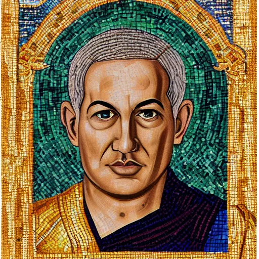 Prompt: head and shoulders portrait of benjamin netanyahu, as king of israel, wearing white monk robes, a golden crown over his head, as a byzantine mosaic, very detailed, very realistic, elegant, top art, renowed artwork
