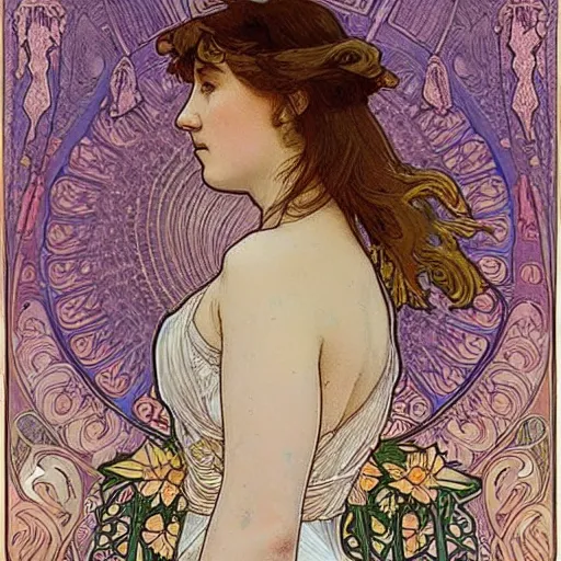 Image similar to a detailed, intricate art nouveau portrait poster of a young bride who resembles a teenage saoirse ronan and emma watson in a white bridal gown, in a garden of fireflies and glowing lanterns at night, by alphonse mucha, and john william waterhouse