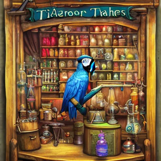 Image similar to Anthropomorphized parrot trader in his shop, selling his wares, portrait, items, weapons, magic potions, trinkets, carpet, lamps, window, fancy hat, sly expression, cunning expression, cute expression, long thick shiny black beak, D&D, fantasy, cinematic lighting, highly detailed, digital painting, artstation, concept art, smooth, sharp focus, illustration, warm light, cozy warm tint, magic the gathering artwork, volumetric lighting, 8k, art by Akihiko Yoshida, Greg Rutkowski