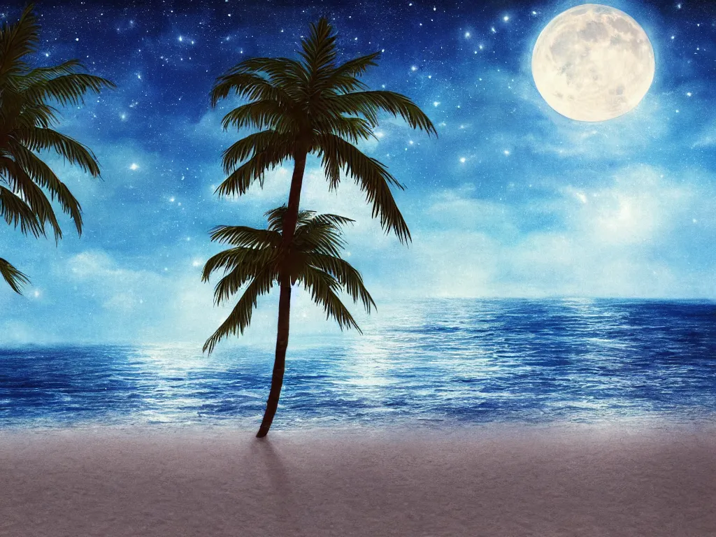 Image similar to night on a summer beach in miami, palm trees, footprints in the sand, full moon, moon reflected in the calm ocean, starry sky 8 k, ultra detailed, trending on artstation, digital painting