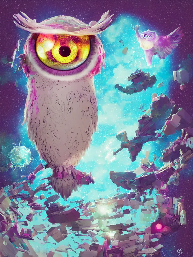 Prompt: a dreamy otherworldly 3 d render of wise owl, pixiv fanbox, dramatic lighting, maximalist pastel color palette, splatter paint, pixar and disney exploded - view drawing, graphic novel by fiona staples and dustin nguyen, peter elson, alan bean, wangechi mutu, clean cel shaded vector art, trending on artstation