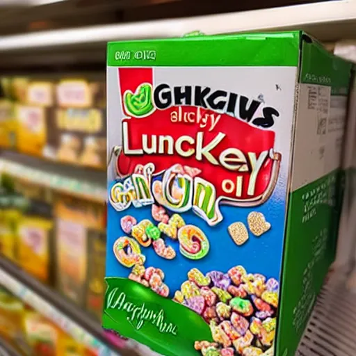 Prompt: a box of lucky charms cereal on a grocery store shelf