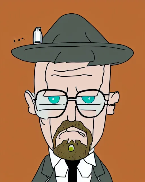 Image similar to portrait of walter white in the style of justin roiland. heisenberg from breaking bad. cinematic lighting. style of rick & morty. photographic, photography. by justin roiland