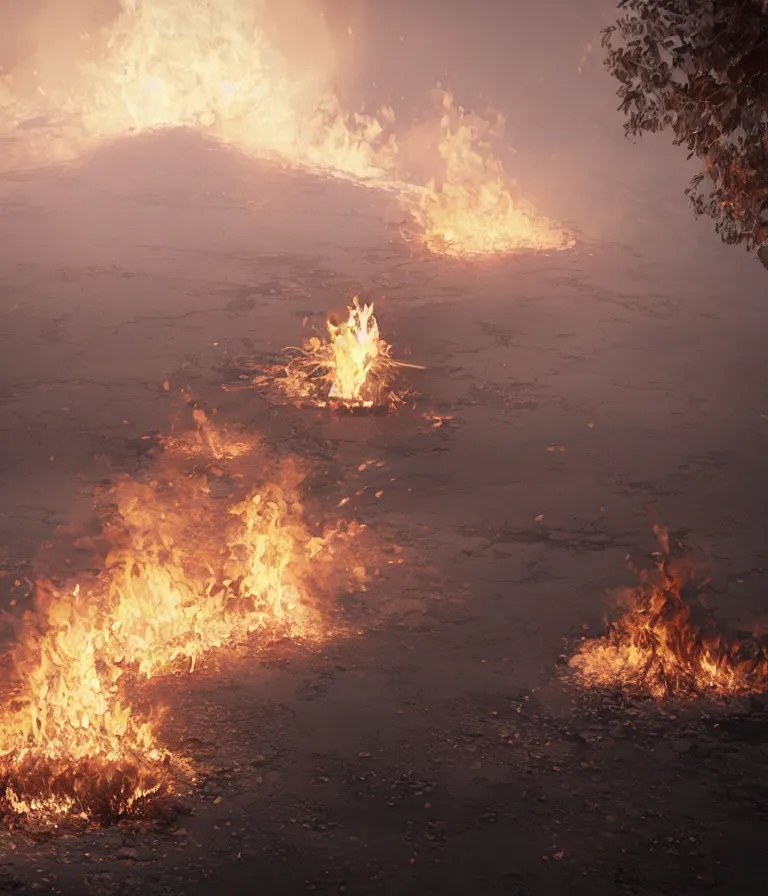 Image similar to a beautiful hyperrealistic detailed 3D render of a burning cross, by Anton Otto Fischer, Atey Ghailan, genzoman, unreal engine, octane render, gigantic, 3D, brilliantly coloured, intricate, ultra wide angle, trending on artstation, embers, smoke, dust, dusk, volumetric lighting, HDR, polished, micro details, ray tracing, 8k