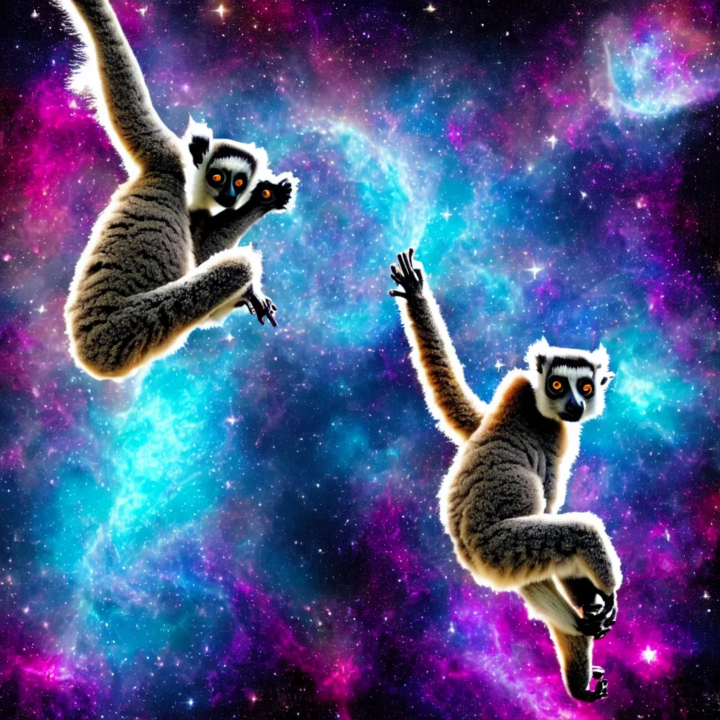 Image similar to a lemur doing an inspiring yoga pose in cosmic space with nebula and stars, detailed and breathtaking digital art, award winning, kodachrome