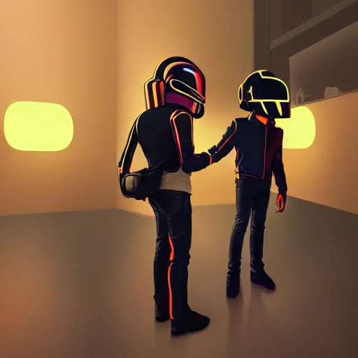 Image similar to miniature daft punk kids standing back to back, twilight zone background, illustration, artgerm, octane render, inspired by Greg rutkowski, colorful, studio lighting, full body,