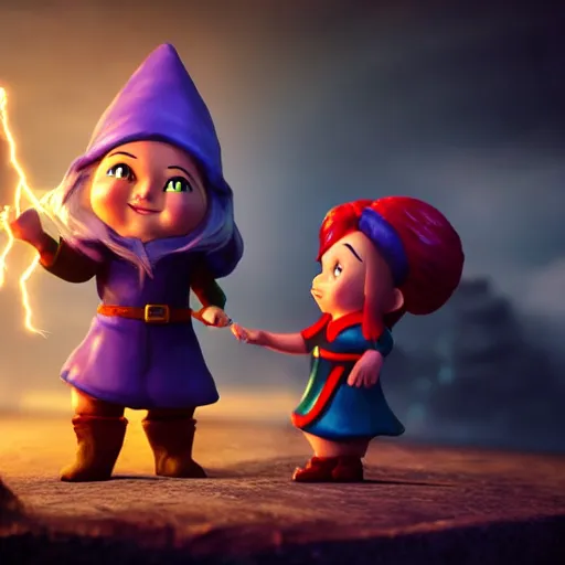 Prompt: A beautiful female gnome wizard casting a lightning spell at a monstrous black dragon::cinematic::dramatic::kinetic::photo realistic::wide angle::high detail