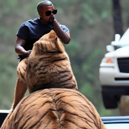 Image similar to Kanye West riding on the back of a giant cat