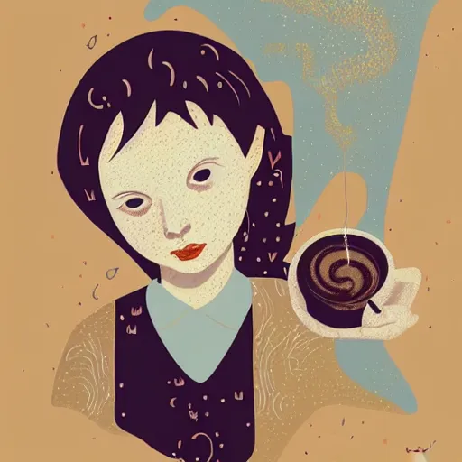Prompt: illustration a girl drink a coffee, by malika favre and victo ngai