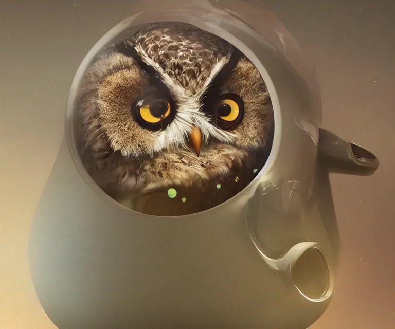 Image similar to long shot of a very cute owl chick nesting in a very futuristic cup, esao andrews, humorous illustration, hyperrealistic, big depth of field, warm colors, night scenery, low light, 3 d octane render, 4 k, conceptart, hyperdetailed, hyperrealistic, trending on artstation