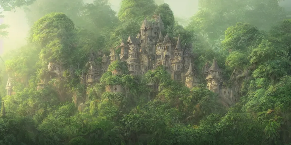 Prompt: a castle hidden in the jungle, overgrown with trees, misty, whimsical, ghibli art style, highly detailed, 4 k