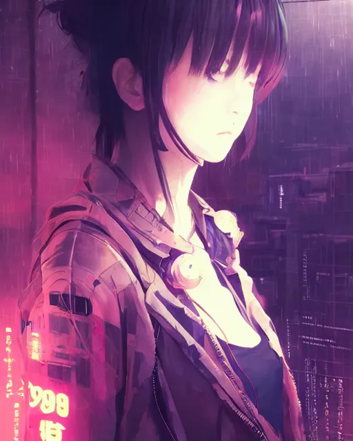 Prompt: kyoto animation, cool lady wearing cyberpunk intricate streetwear, beautiful, detailed portrait, cell shaded, 4 k, concept art, by wlop, ilya kuvshinov, artgerm, krenz cushart, greg rutkowski, pixiv. cinematic dramatic atmosphere, sharp focus, volumetric lighting, cinematic lighting, studio quality