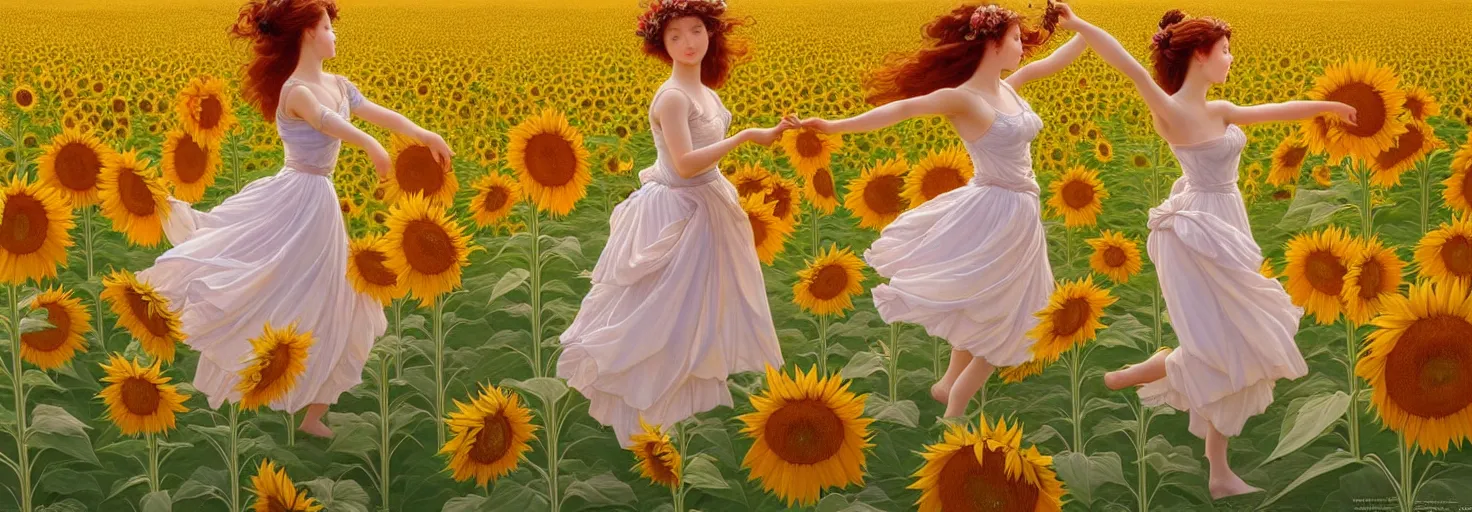 Image similar to beautiful young girl dancing in a fiery dress in a beautiful field of sunflowers and lilies, like leonardo da vinci sketches! in the style of studio ghibli, j. c. leyendecker, greg rutkowski, artgerm