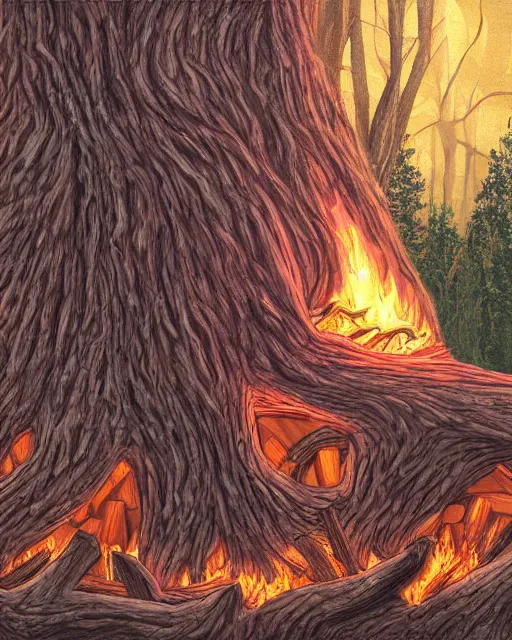 Image similar to a giant relaxed tree monster laying down in a firewood - fire, digital art, high detail