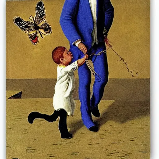 Prompt: a boy taking his enlarged butterfly for a walk, a surrealist painting by remedies varo and salvadore dali