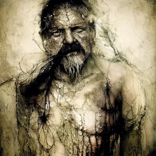 Prompt: wet collodion photography of innsmouth dweller mutant early xx century fisherman sailor old man with gills and scales creatures from the deep ocean by emil melmoth zdzislaw beksinki craig mullins yoji shinkawa realistic render ominous detailed photo atmospheric by jeremy mann francis bacon and agnes cecile ink drips paint smears digital glitches glitchart