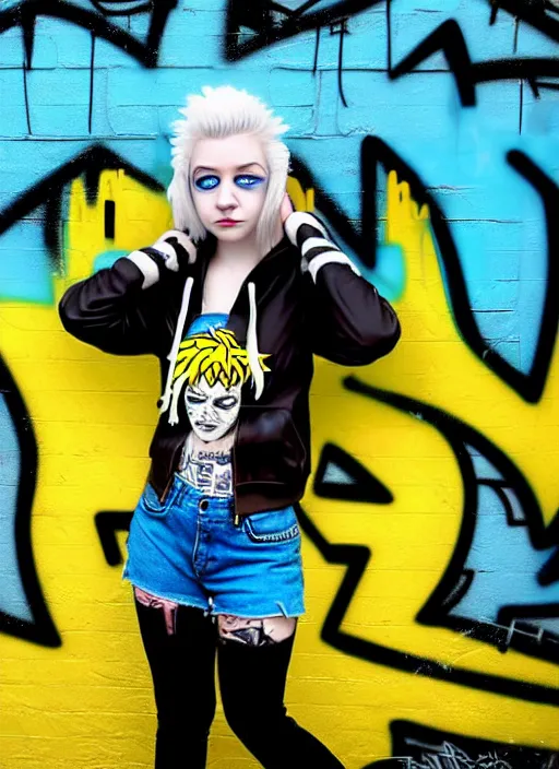 Prompt: highly detailed portrait of a city punk lady student, blue eyes, hoodie, white hair by al feldstein, gradient yellow, black, brown and cyan blue color scheme, grunge aesthetic!!! ( ( graffiti tag wall background ) )