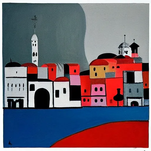 Image similar to “ an acryllic painting dubrovnik, on a pale background, muted palette mostly white, black, gray, dark red, dark blue, pink, evil fisherman, dadaism, dada, mixed media, in the styles of both joan miro and mark rothko ”