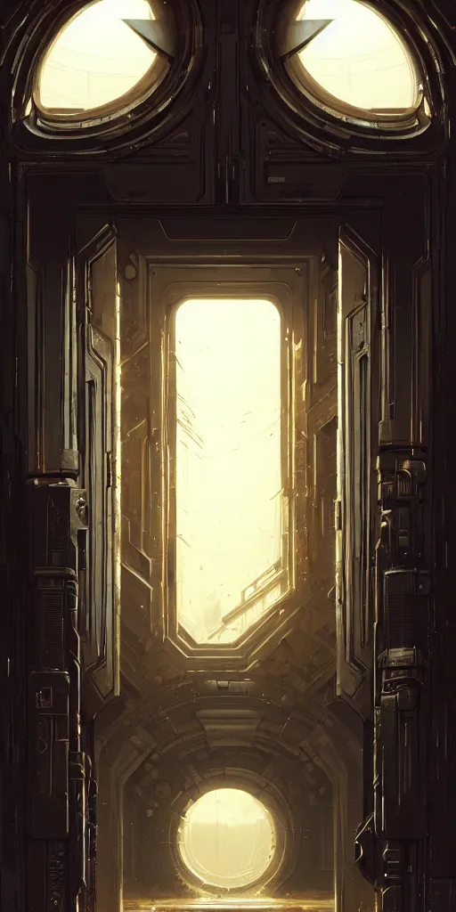 Prompt: hyper realistic well - lit ornate sci - fi double door by maciej kuciara, darek zabrocki