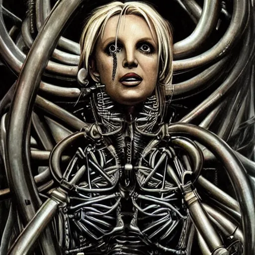 Image similar to britney spears encased in biomechanical machine, heavy conduits, complex scene, rich composition, heavy in detail, evil, corruption, decay, grime, smooth, sharp focus, airbrush, illustration, symmetrical, portrait, art by h. r. giger